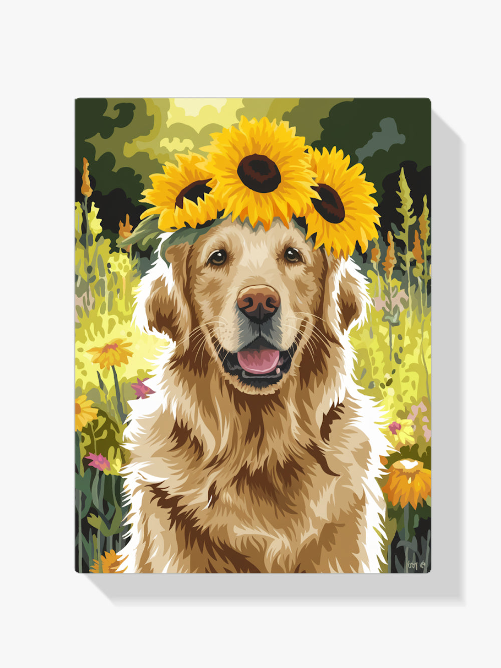 Malen nach Zahlen – Golden Retriever mit einer Sonnenblumenkrone-1