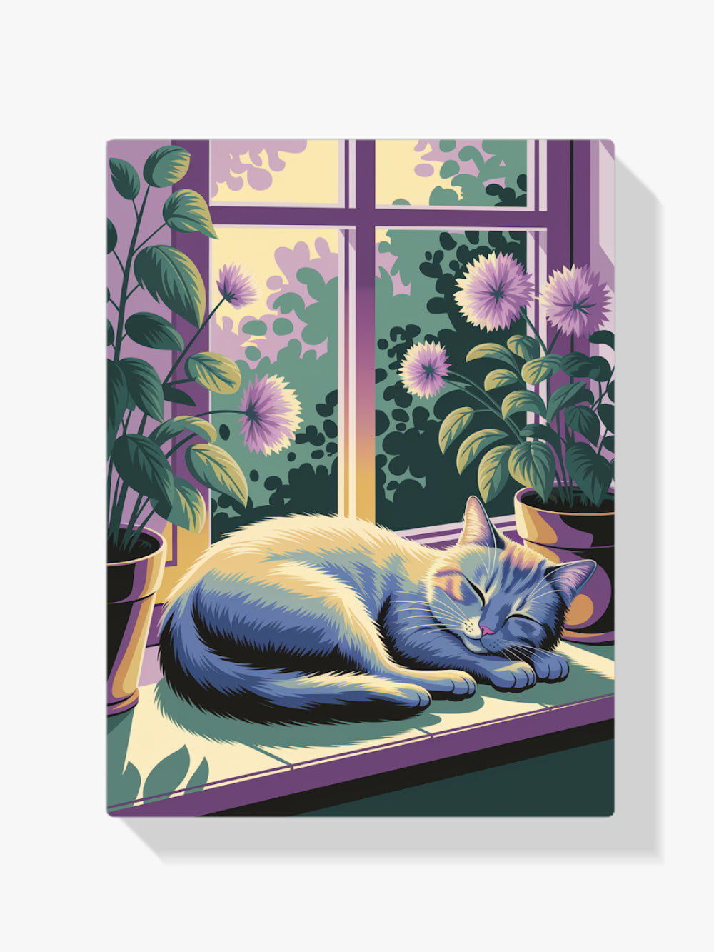 Malen nach Zahlen – Niedliche Katze schlafend auf einer Fensterbank mit Pflanzen-1