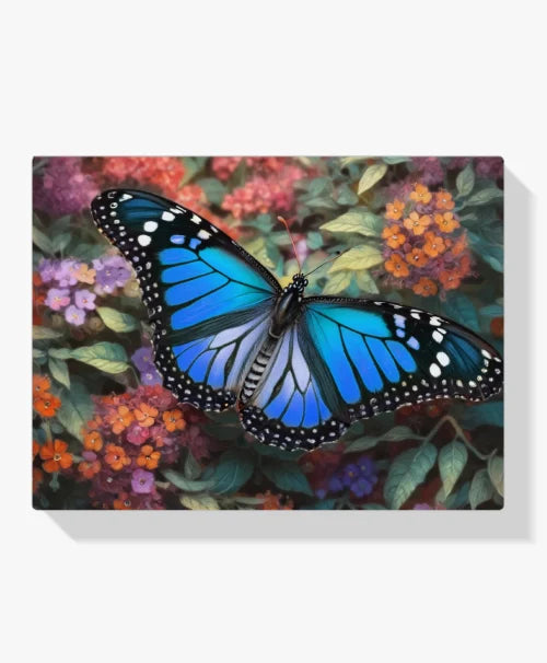 Malen nach Zahlen &#8211; Blauer Schmetterling auf bunten Blumen