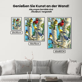 Farbige Vögel im Baum - Malen nach Zahlen