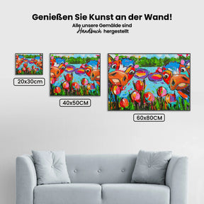 Fröhliche Malerei - Kühe mit Tulpen - Malen nach Zahlen