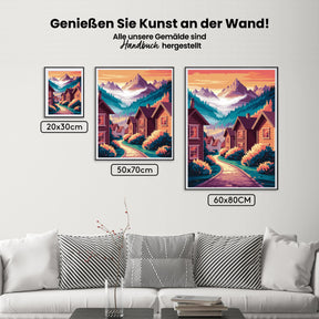 Måla efter siffror - Bergsby vid soluppgång med dimmiga toppar V1