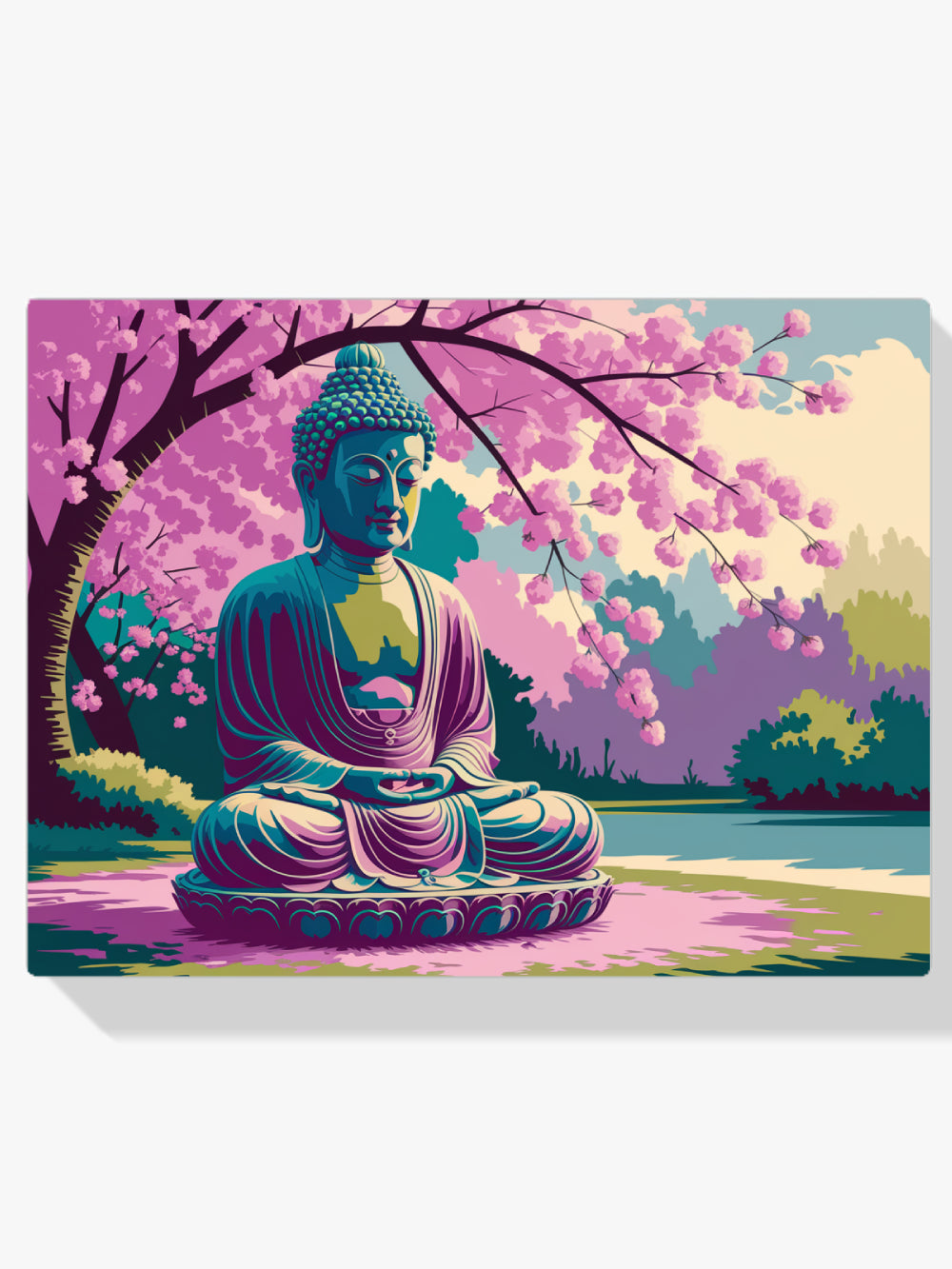 Malen nach Zahlen &#8211; Gelassene Buddha-Statue umgeben von Kirschblüten-1