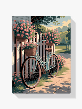 Måla efter siffror - Vintagecykel lutad mot ett staket med blomkorgar