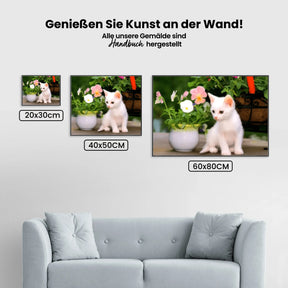Malen nach Zahlen – Weiße Katze mit Blumen in Vase