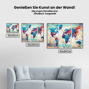 Malen nach Zahlen – Weltkarte (Blau &amp; Rot) 3 Teile